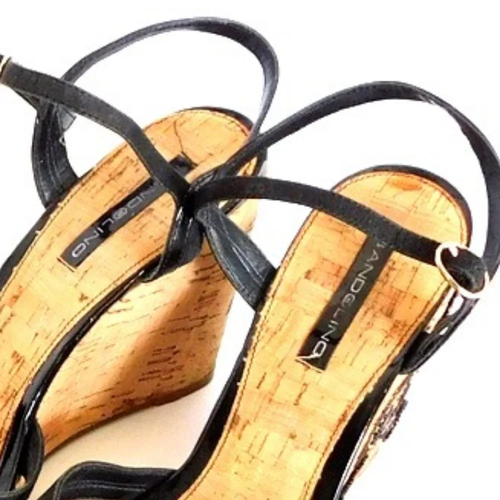 Bandolino Black Leather Embroidered Cork Wedges